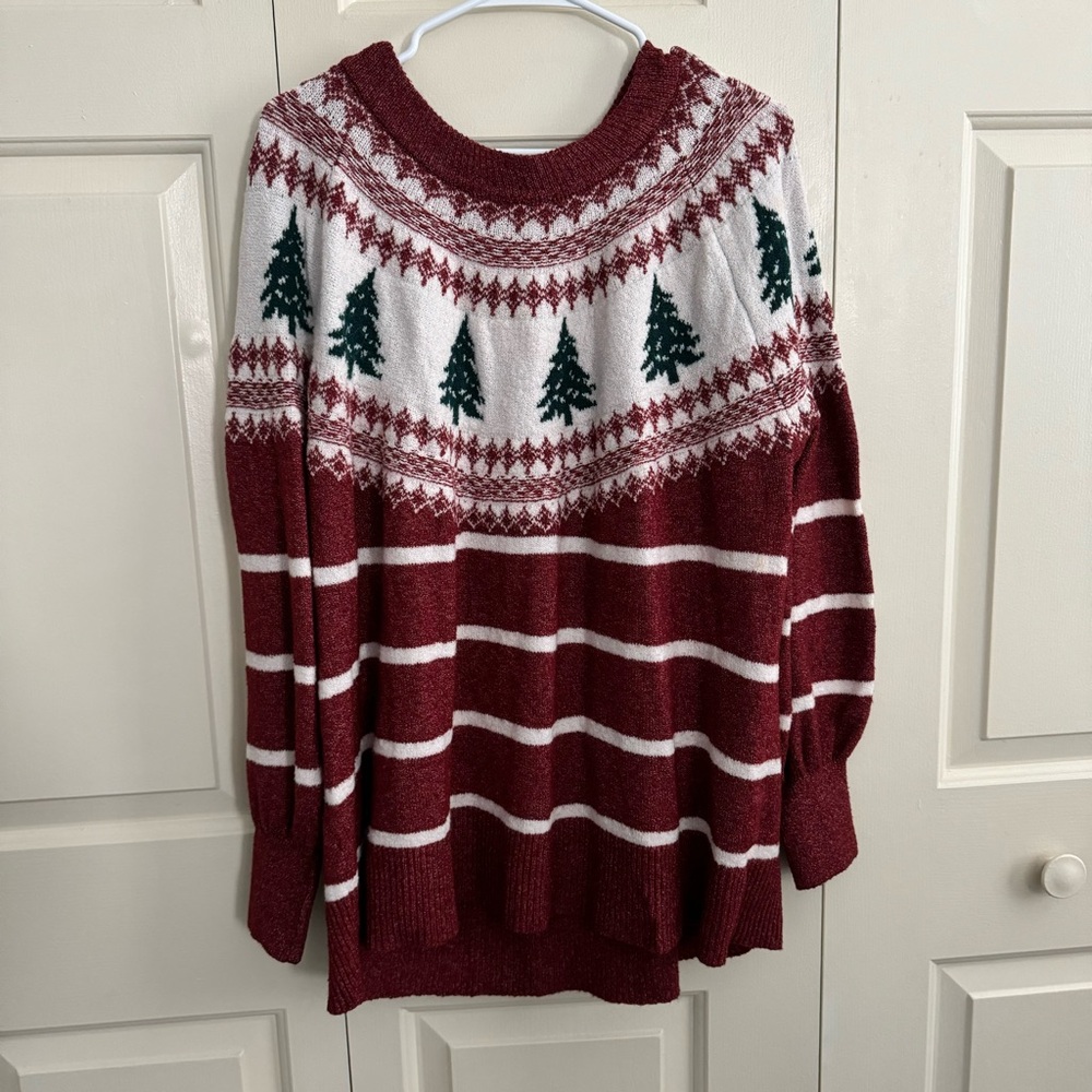 Festive Red and White Sweater with Tree Pattern